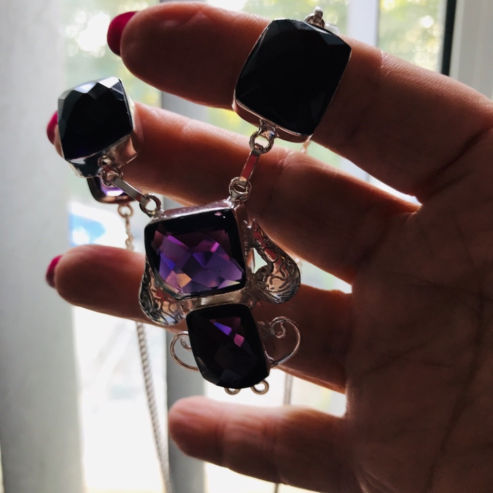 NEW Dark Amethyst Facet Cut 925 Silver Necklace